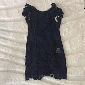 Lulu's One Shoulder Navy Lace Dress